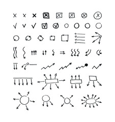 Collection of hand drawn marker arrows, check and other symbols. For design, advertising banner, presentations. 10 eps design.