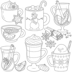 Christmas hot drinks black and white vector illustration