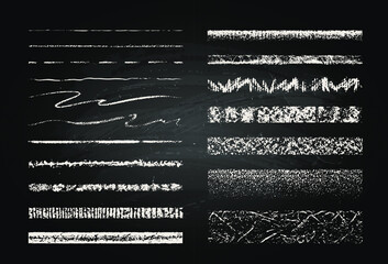 Set of chalk strokes. Hand drawn grunge lines on chalkboard background. Seamless lines can be used as art and pattern brushes. - obrazy, fototapety, plakaty