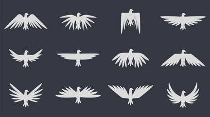 Dove flying vector set. Pigeon isolated icon. Template for logo.