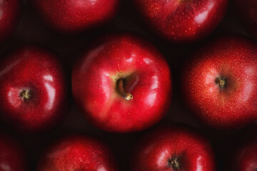 Top view of red delicious ripe garden sweet apples. Rich harvest of delicious fruits. Vegetarianism.