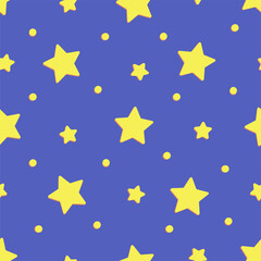 Starry night in cartoon style seamless pattern. Vector background with stars in the sky for children.