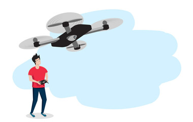 A young man with a smile controls a quadrocopter or drone. Vector illustration. Copy space.