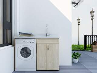 The balcony of modern design has washing machine and other places to wash clothes
