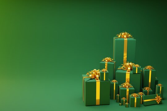 green background view with green golden gifts, copy space, many gifts collected from the side, 
christmas gift card