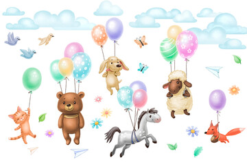 set animals in clouds on balloons isolated on white