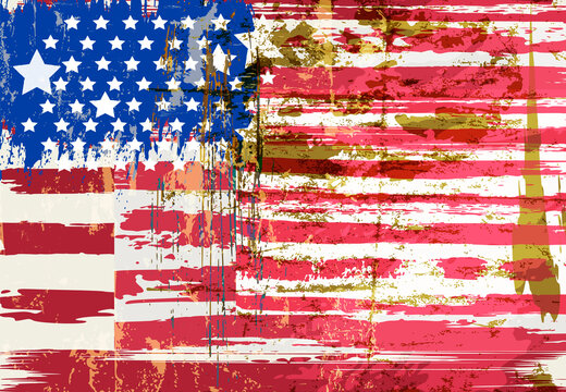 abstract background design, USA flag, with paint strokes, splashes, stars and stripes, grungy