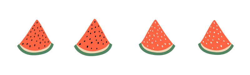 Red slice of watermelons Hand drawn set. Doodle watermelon print. Summer design fruit element isolated on white background. Vector stock illustration