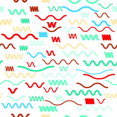 Hipster fashion .Trendy seamless pattern in Memphis style and with different shapes i. Jumble design . Repeating zigzag smooth lines vector background . Cool geometric texture .