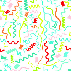 Hipster fashion .Trendy seamless pattern in Memphis style and with different shapes i. Jumble design . Repeating zigzag smooth lines vector background . Cool geometric texture .