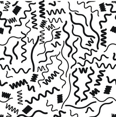 Hipster fashion .Trendy seamless pattern in Memphis style and with different shapes i. Jumble design . Repeating zigzag smooth lines vector background . Cool geometric texture .