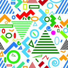 Hipster fashion .Trendy seamless pattern in Memphis style and with different shapes i. Jumble design . Repeating zigzag smooth lines vector background . Cool geometric texture .