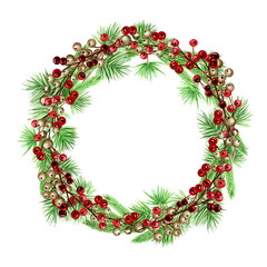 Christmas Wreath Greeting card, poster, banner concept. Round Frame of pine branches cones and red berries on white background, New Year watercolor hand drawn illustration with copy space for text