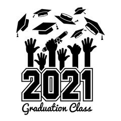 Class of 2021. The concept of design congratulations graduates of the school. Raised hands toss up the graduation caps. Can be used for greeting card, flyer, invitation, t-shirt print. Vector
