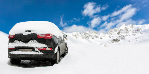 Winter car and landscape of mountains 