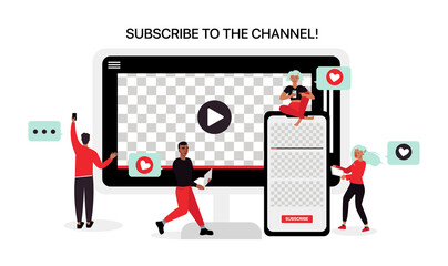 Youtube Illustration. Bloggers Make Content for Social Networks. Flat Vector Illustration. Smartphone and Tablet Transparent Background 