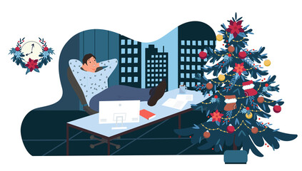 A break during work. Festive background, preparation for Christmas and New Year in the business space. Office worker at the table. Flat vector illustration