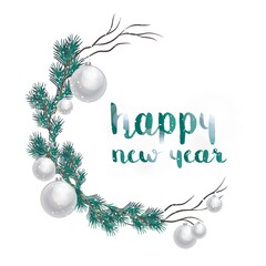 Fototapeta na wymiar New Year and Christmas decoration balls and fir vector cartoon illustration