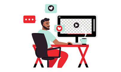 Youtube Illustration. Blogger Drink a Coffee and Watch a Video. Monitor mockup with transparent background. Flat Vector Illustration. Vector illustration
