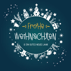 Frohe Weihnachten und ein gutes neues Jahr Kalligraphie - runde Form dunkelgrün und gold Grußkarte mit Weihnachtsbaum, Geschenken, Sternen und Kerzen