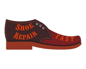 Logo of a shoe repair shop, workshop shoemaker. Design element for signboard, banner, flyer, poster and other use. Cowboy boot with inscription "Shoe repair fast". Isolated vector illustration, icon.