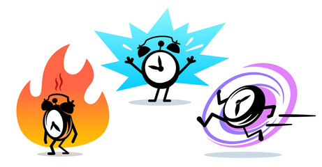 Vector set of illustration of different time, happy, fast running and burned out alarm clock character