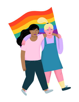 Gay couple with pride flag	