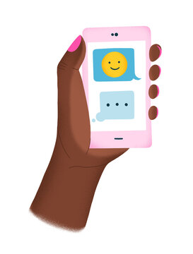 Black Hand Holding A Phone With Happy Emoji