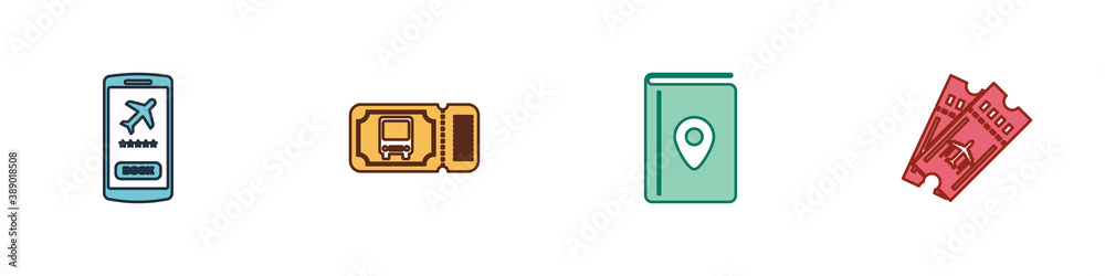 Sticker Set Mobile with ticket, Bus, Cover book travel guide and Airline icon. Vector.