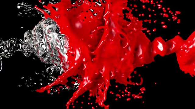Falling red liquid on glass balls 3d animation