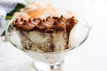 chocolate dessert. truffle ice cream in a glass bowl