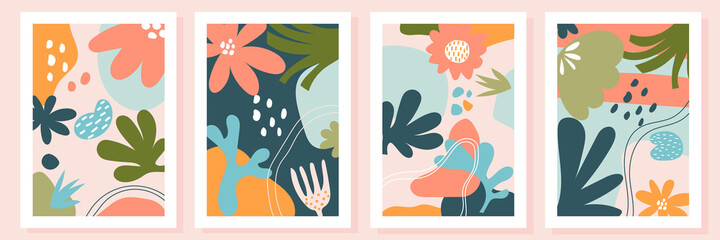 Fototapeta na wymiar Set of four abstract backgrounds. Bundle of modern vector collages with hand drawn nature shapes, floral textures, graphic elements and doodle objects. Contemporary modern, trendy vector illustrations