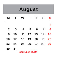 August 2021 planning calendar . Simple August 2021 calendar. Week starts from Monday. Template of calendar for August