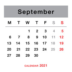 September 2021 planning calendar . Simple September 2021 calendar. Week starts from Monday. Template of calendar for September 