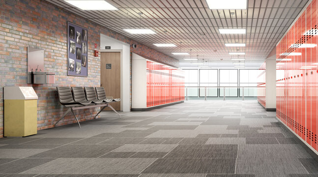 Long school corridor with red lockers , 3d illustration