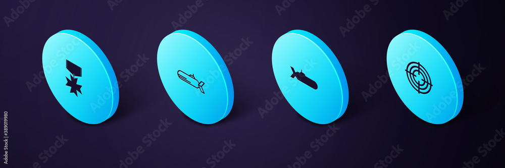 Sticker Set Isometric Target sport, Submarine, and Military reward medal icon. Vector.