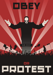 Obey or Protest Socieal Poster Propaganda, Retro Placards Style Illustration 