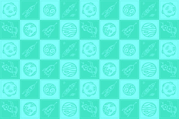 Seamless pattern of pastel blue Nude tones with spaceships and planets