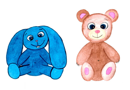 Set of cute watercolor illustration. Blue easter rabbit and brown teddy bear. Print for children. Hand drawn picture. Beautiful print for design, cards, textile. Spring and summer theme