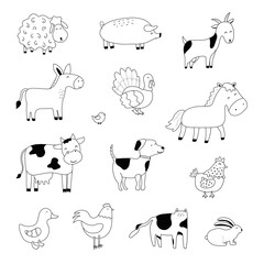 Set of cartoon farm animals. Collection of outline stylized domestic animals. Vector illustration for children. Zoo.