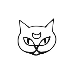 Magic cat - vector linear illustration. Hand drawn magic tools, concept of witchcraft. The witch's hat is an element for a coloring book. Outline. Halloween illustration.