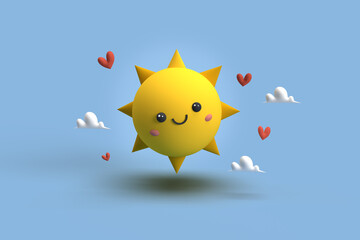 Illustration d'un soleil jaune souriant entouré de coeur et de petit nuage. Concept du bonheur, de la chaleur, du plaisir, du désir, des vitamines, de l'énergie, du bienêtre, du bio, de la bonne santé © motion_fabfab