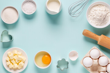 Baking or cooking background. Ingredients, kitchen items for baking.