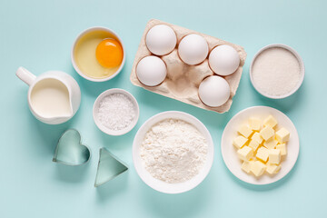 Baking or cooking background. Ingredients, kitchen items for baking.