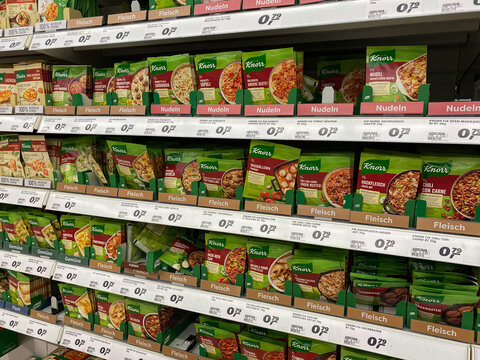 T&ouml;nisvorst, Germany - May 22. 2020: Close up of isolated bags with Knorr  instant packet soup in shelf of german supermarket