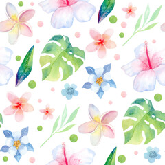 Seamless pattern. Watercolor exotic flowers. Tropical plants. Hibiscus, Monstera, Plumeria.