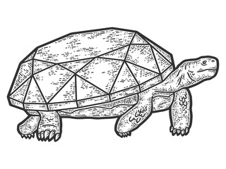 Turtle with a diamond. Engraving raster illustration. Sketch scratch board imitation.