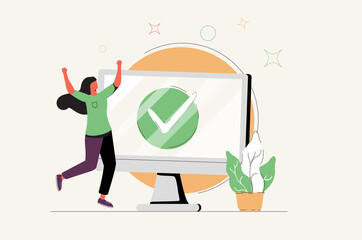 Happy woman completed task and triumphing with raised hands on the his workplace. Successful well done work Completed.