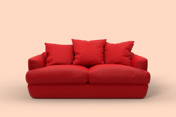 Red couch with pillows on studio pink background.