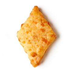 Cheese cookie isolated on white, from above